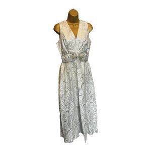 Vintage Silver Metallic Brocade Maxi Gown Beaded Waist 60s 70s